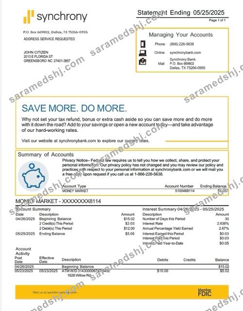 USA Synchrony Bank statement Word and PDF template